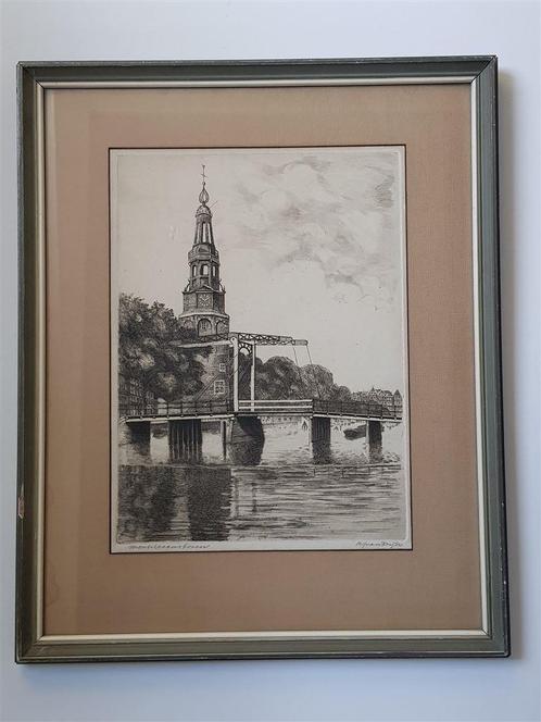 H.J. van Dijk, ets Montelbaantoren, gesigneerd, Antiek en Kunst, Kunst | Etsen en Gravures, Ophalen of Verzenden