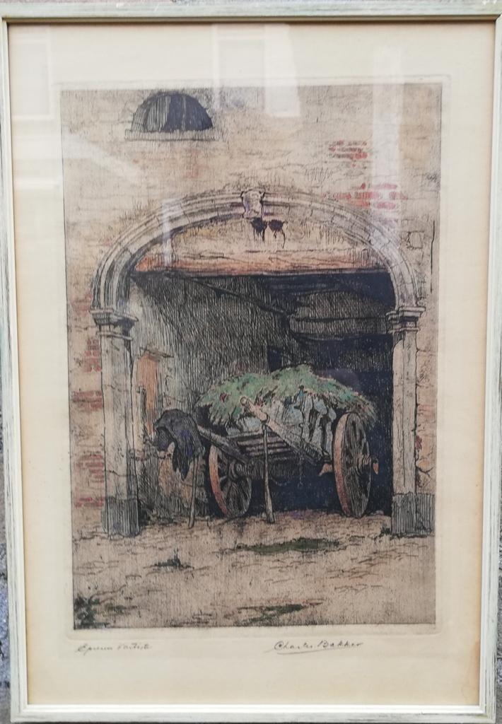 Charles Bakker (1876-1957), ingekleurde ets. Ca 1900/1920., Antiek en Kunst, Kunst | Etsen en Gravures, Ophalen