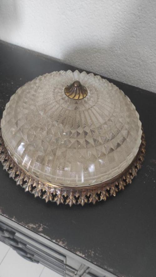 Vintage plafondlamp glas metaal rond, Huis en Inrichting, Lampen | Plafondlampen, Gebruikt, Glas, Metaal, Ophalen of Verzenden