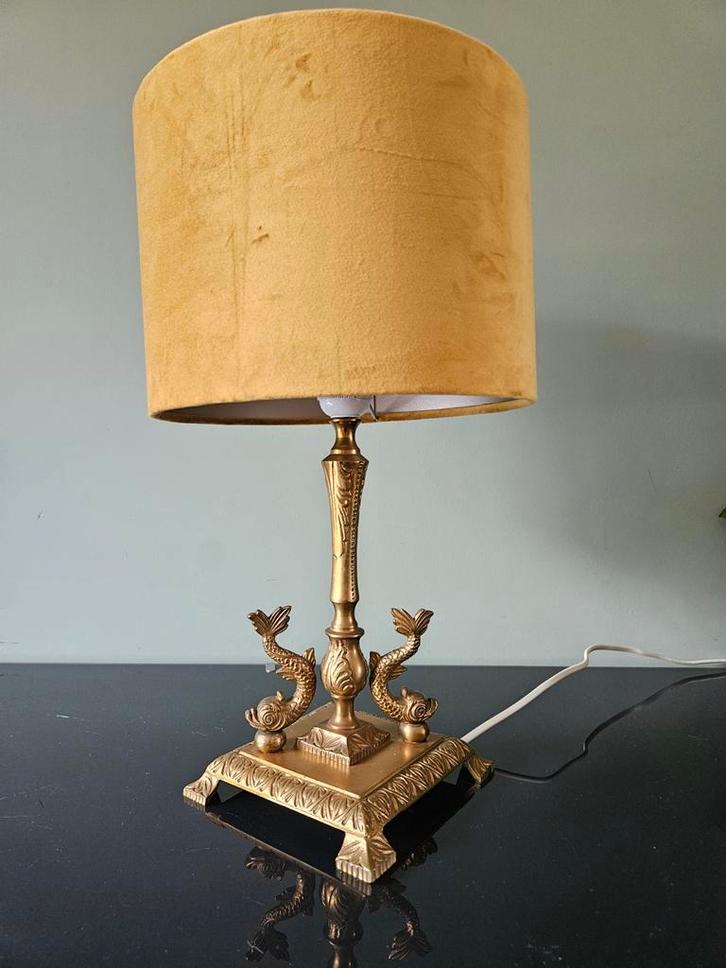 Vintage messing tafellamp / lampvoet met vissen, Huis en Inrichting, Lampen | Tafellampen, Gebruikt, Minder dan 50 cm, Metaal