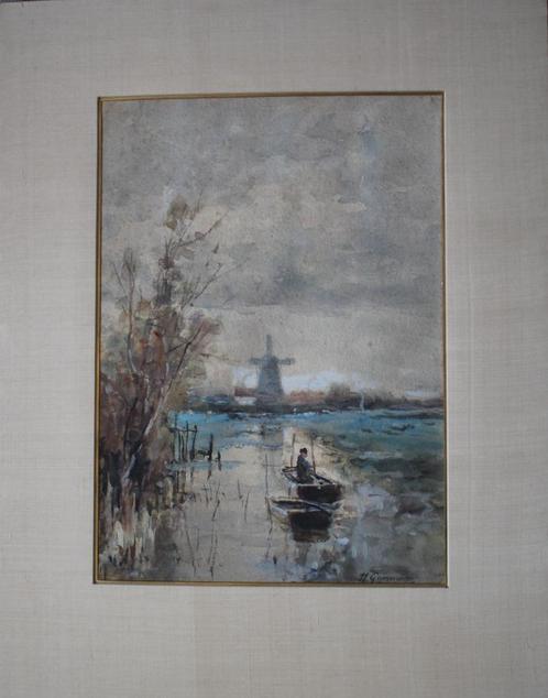 Hermanus Gunneweg, 1846 - 1904, Hollands Landschap aquarel., Antiek en Kunst, Kunst | Schilderijen | Klassiek, Ophalen