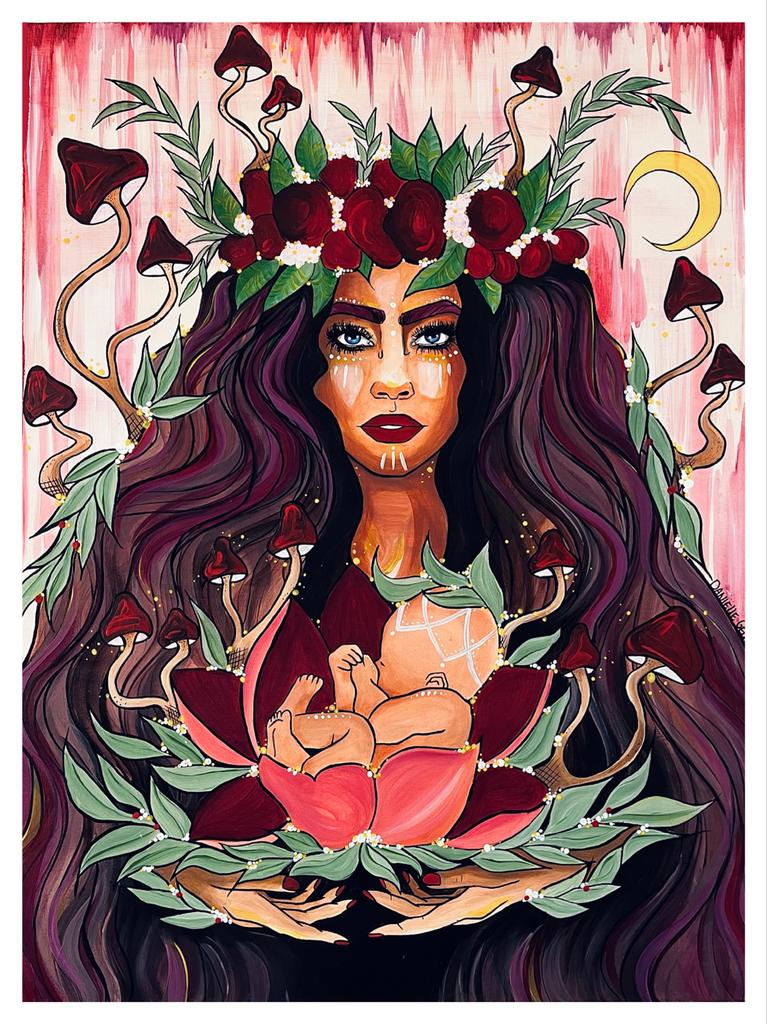 Schilderij van moeder en kind met paddenstoelen, Antiek en Kunst, Kunst | Schilderijen | Klassiek, Ophalen