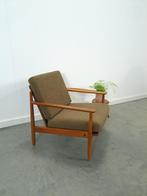 Teak Scandinavische fauteuil bruin stoffen kussens, stoel 2, Ophalen of Verzenden, Gebruikt, Hout, Vintage, design