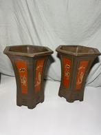 Set handbeschilderde stenen bloempot, Tuin en Terras, Bloempotten, Overige materialen, Gebruikt, 40 cm of meer, Binnen