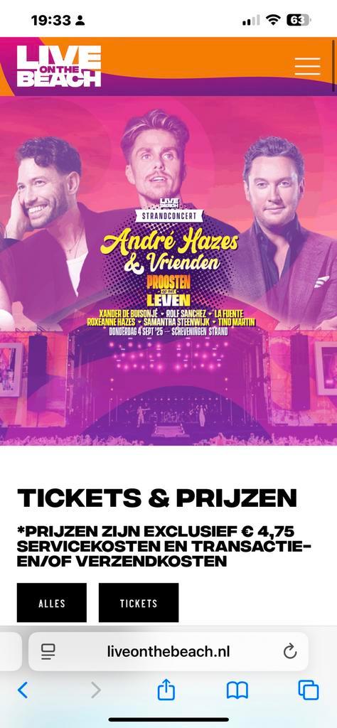 Live at the Beach André Hazes Proosten op het leven, Tickets en Kaartjes, Evenementen en Festivals, Twee personen