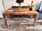 Houten Eettafel - Robuust en Stijlvol incl 2 stoelen en bank, Ophalen, Gebruikt, 100 tot 150 cm, Eikenhout