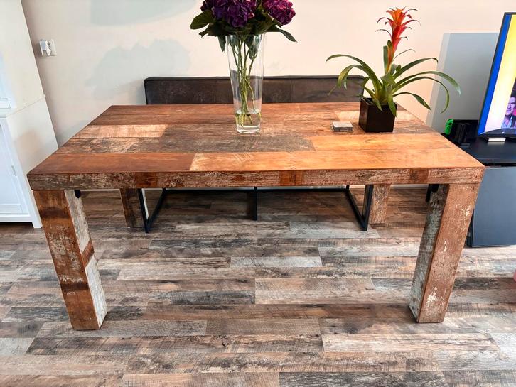 Houten Eettafel - Robuust en Stijlvol incl 2 stoelen en bank, Huis en Inrichting, Tafels | Eettafels, Gebruikt, 100 tot 150 cm