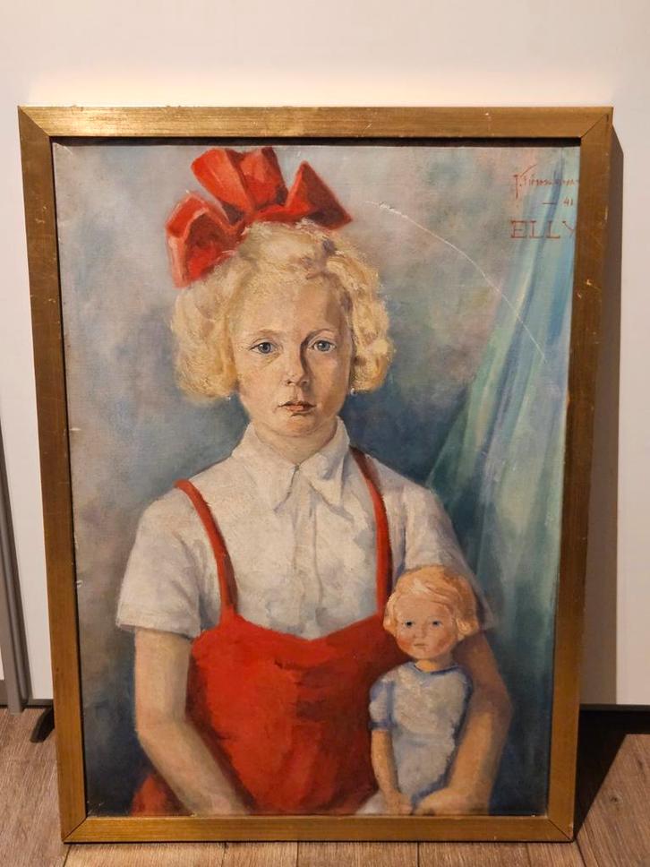 Portret van Elly met pop, 1941 olieverf J.Timmerman ?, Antiek en Kunst, Kunst | Schilderijen | Klassiek, Ophalen of Verzenden