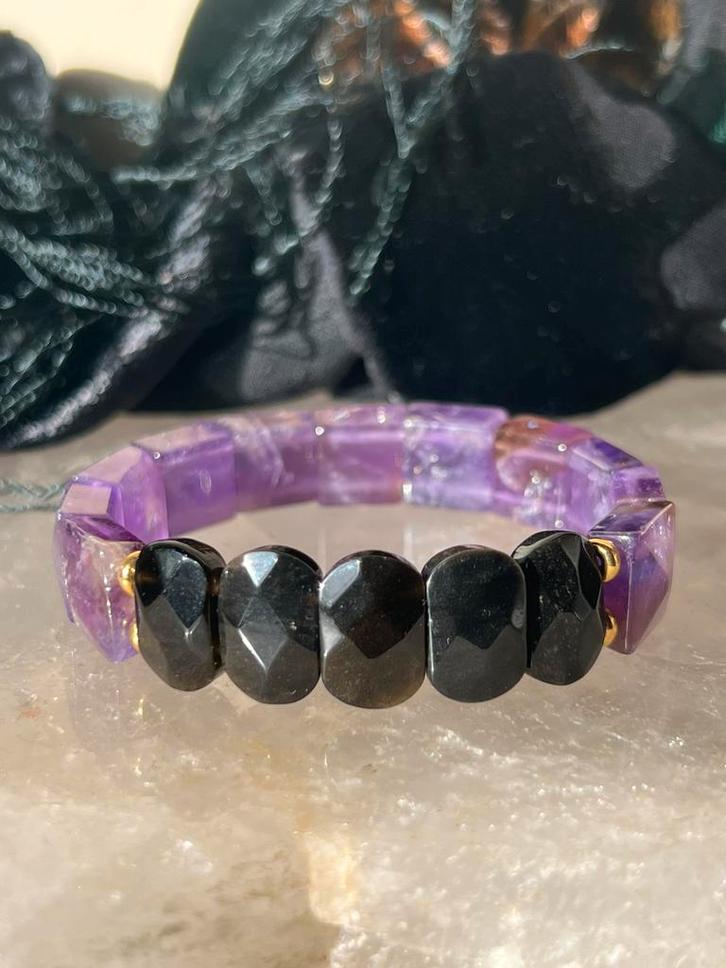 Amethist obsidiaan ametrien beschermt geluk intuïtie uniek, Sieraden, Tassen en Uiterlijk, Armbanden, Nieuw, Zilver, Paars, Met bedels of kralen