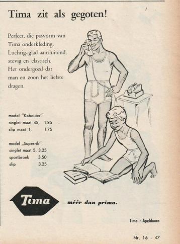 Retro reclame 1960 Tima jongens & heren ondergoed beschikbaar voor biedingen