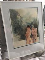 Mooi schilderij , aquarel, titel jong en oud, Ophalen, 50 tot 75 cm, Schilderij, 50 tot 75 cm