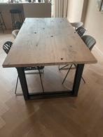 Eiken tafel van wagonplanken met stalen poten, Huis en Inrichting, Ophalen, 100 tot 150 cm, Eikenhout, 200 cm of meer