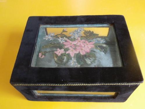 Sieraden kistje glazen kistje handgeschilderde bloemen, Antiek en Kunst, Curiosa en Brocante, Ophalen of Verzenden