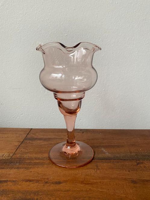 Vintage Franse waxinelichthouder – roze glas – tulpvorm, Antiek en Kunst, Antiek | Glas en Kristal, Ophalen of Verzenden