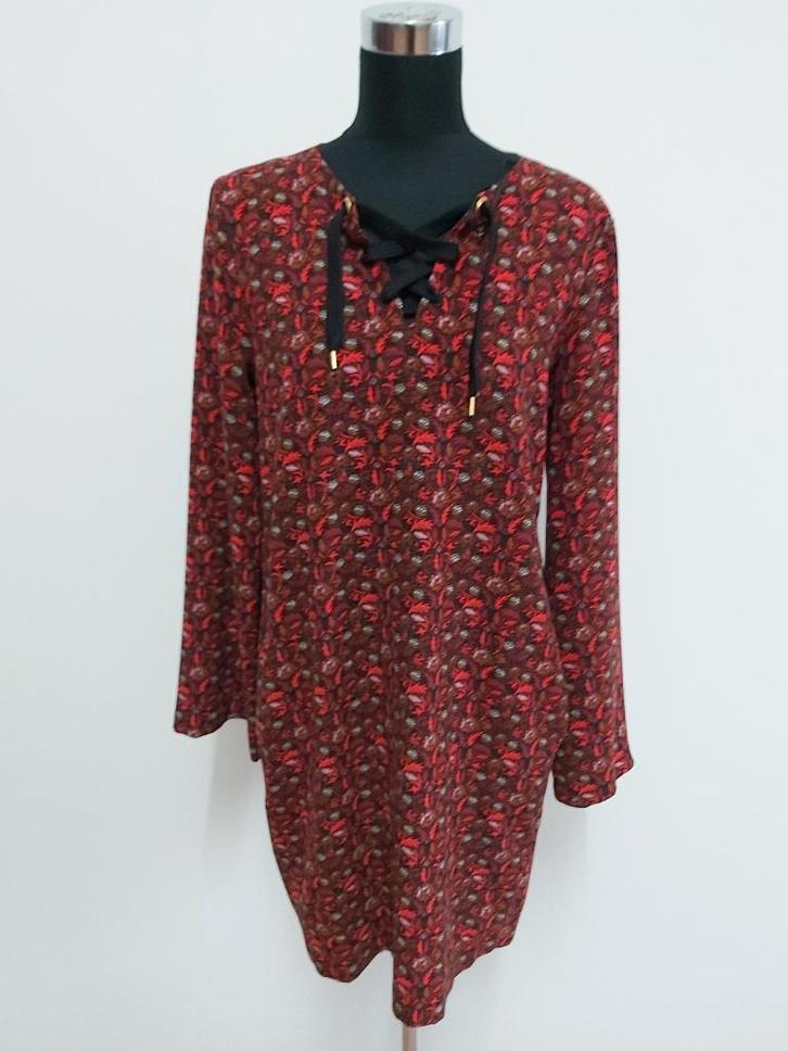 J191 - Mooie Vanilia jurk in herfsttinten met zakken mt 42, Kleding | Dames, Jurken, Zo goed als nieuw, Maat 42/44 (L), Knielengte