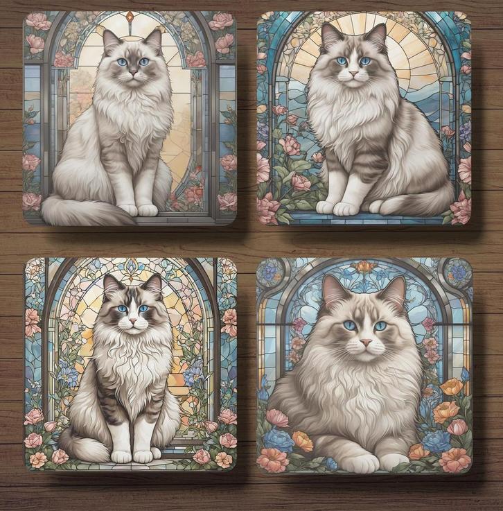 Ragdoll Glas in Lood onderzetters met houder, Huis en Inrichting, Woonaccessoires | Onderzetters, Nieuw, Glas of Kopje, Ophalen of Verzenden