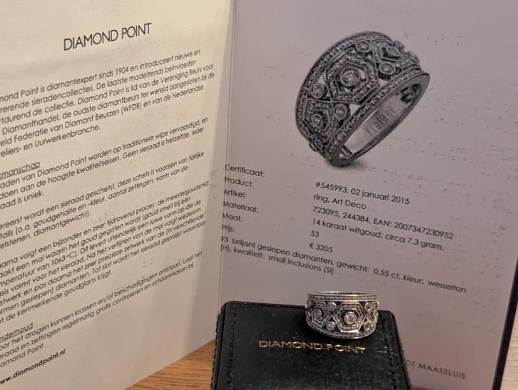 Art Deco Ring Diamond point, Sieraden, Tassen en Uiterlijk, Ringen, Zo goed als nieuw, Dame, Kleiner dan 17, Goud, Goud, Met edelsteen