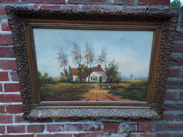 Schilderij, landschap met boerderij en kippen., Antiek en Kunst, Kunst | Schilderijen | Klassiek, Ophalen of Verzenden