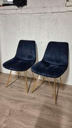 2x Blauwe velvet stoelen - gouden poten, Huis en Inrichting, Stoelen, Ophalen, Zo goed als nieuw, Blauw, Twee