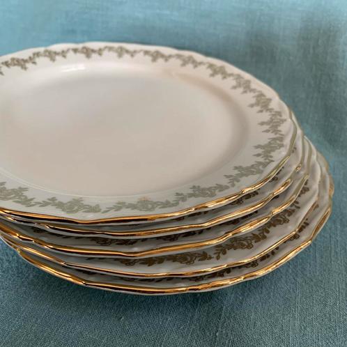 Set van 5 gebaksbordjes of ontbijtbordjes GKC wit met goud, Antiek en Kunst, Antiek | Servies los, Ophalen of Verzenden