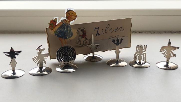 7 Zilveren  (925) menu naam kaarthouders  - Nazca lijnen, Antiek en Kunst, Antiek | Goud en Zilver, Zilver, Ophalen of Verzenden