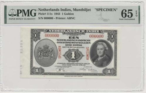 Nederlands-Indië 1 Gulden 1943 Specimen PMG65 EPQ, Postzegels en Munten, Bankbiljetten | Azië, Los biljet, Zuidoost-Azië, Ophalen of Verzenden