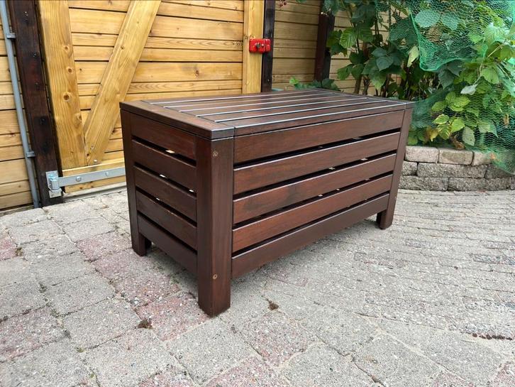 Äpplarö bank met opbergsruimte en wandpanel, Tuin en Terras, Tuinbanken, Gebruikt, Hout, Ophalen