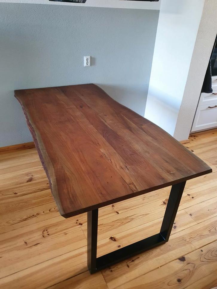 Mooie boomstamtafel met u vorm stalen poten 110x 200, Huis en Inrichting, Tafels | Eettafels, Gebruikt, 50 tot 100 cm, 200 cm of meer