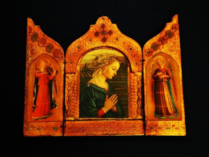 Drieluik Triptiek icoon naar Filippo Lippi Maria 2 engelen, Antiek en Kunst, Antiek | Religie, Ophalen of Verzenden