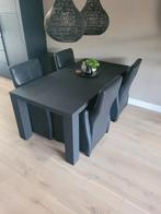 Eetkamerset tafel 180x90 mat zwart + vier lederen stoelen ., 4 tot 6 stoelen, Gebruikt, Ophalen of Verzenden