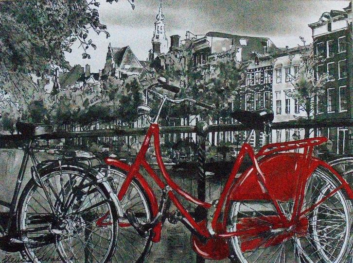 Elena Polyakova.Red Bike in Amsterdam., Antiek en Kunst, Kunst | Schilderijen | Klassiek, Ophalen