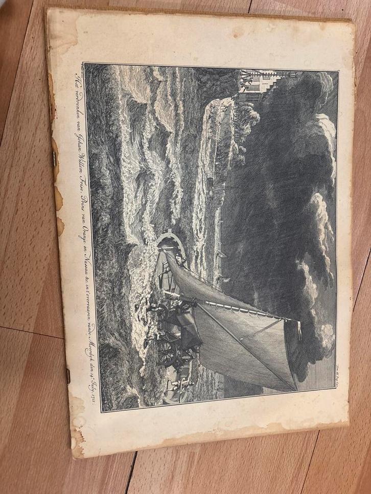 Historische kopergravure – vertrek Johan Willem Friso (1711), Antiek en Kunst, Kunst | Tekeningen en Foto's, Ophalen