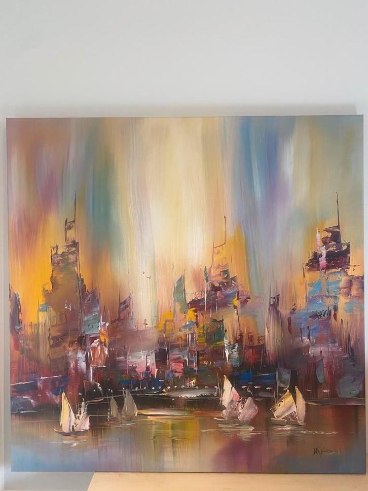 Abstract Schilderij met Boten, Antiek en Kunst, Kunst | Schilderijen | Klassiek, Ophalen