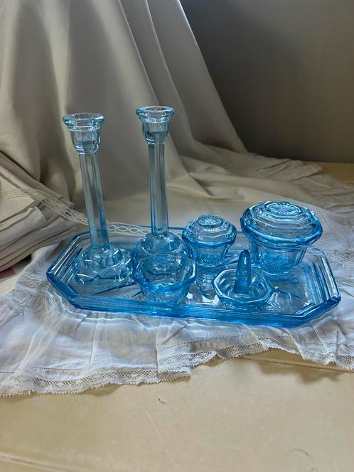 Depressie glazen kap tafel set 1900 blauw izgst, Antiek en Kunst, Antiek | Glas en Kristal, Ophalen of Verzenden