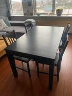 Uitschuifbare zwarte tafel + 4 IKEA stoelen, Ophalen, Gebruikt, 100 tot 150 cm, 50 tot 100 cm