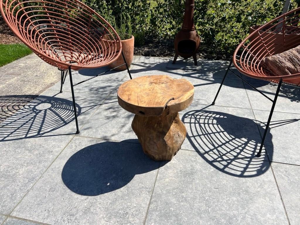 Massief houten bijzettafel / boomstam tafel – tuin/terras, Ophalen, Minder dan 55 cm, Gebruikt, Rond