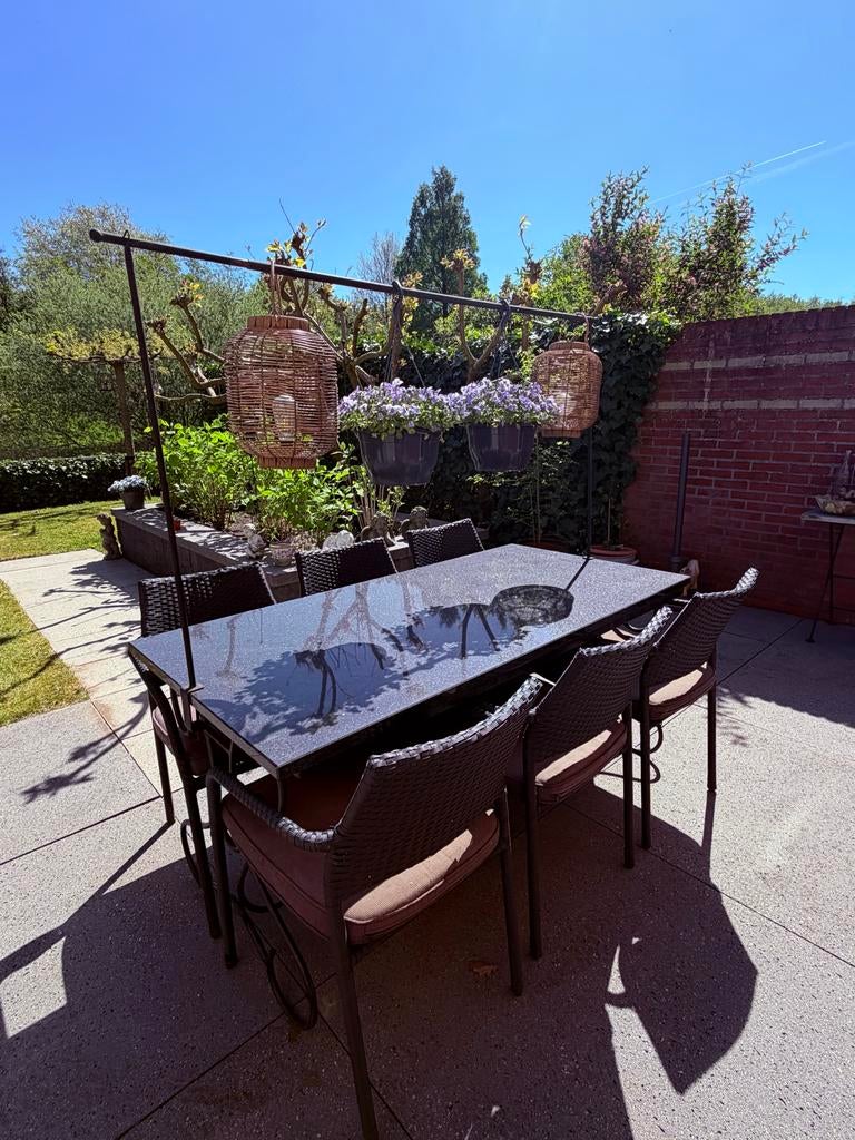 Granieten Tuintafel 160x80cm met 6 stoelen en kussens, Tuin en Terras, Tuintafels, Ophalen, Gebruikt, Rechthoekig, Overige materialen