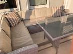 Loungeset hoekbank met hoge glazen tafel, Ophalen, 5 zitplaatsen, Gebruikt, Loungeset