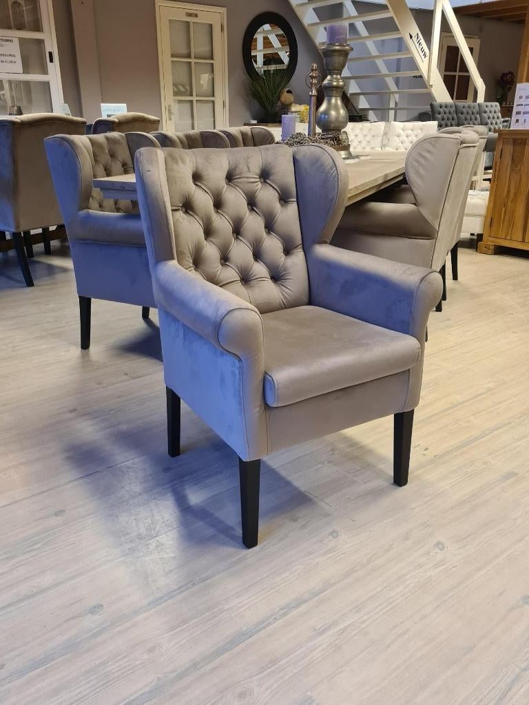 VOORRAAD 6 Landelijke Eetkamerstoelen Roman Velvet Taupe 10, Overige kleuren, Ophalen of Verzenden, Stof, Vijf, Zes of meer stoelen