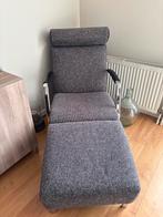 Montel loungestoel met voetenbank - Grijs stof & zwart leer, Ophalen, Zo goed als nieuw, Leer, 75 tot 100 cm