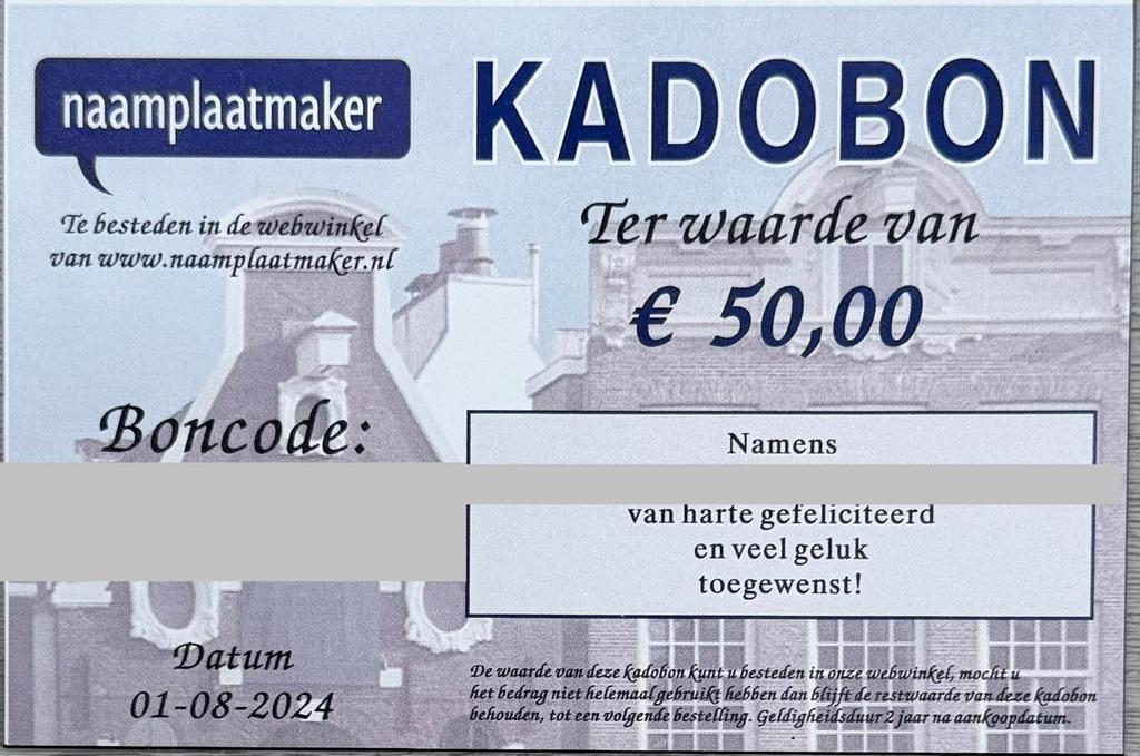 Cadeaubon naamplaatmaker ter waarde van €50, Eén persoon, Cadeaubon, Warenhuis- of Winkelbon