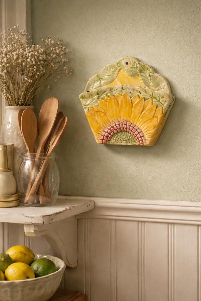 Barbotine Koffiefilter Houder Keramiek Zonnebloem Design, Ophalen of Verzenden, Gebruikt