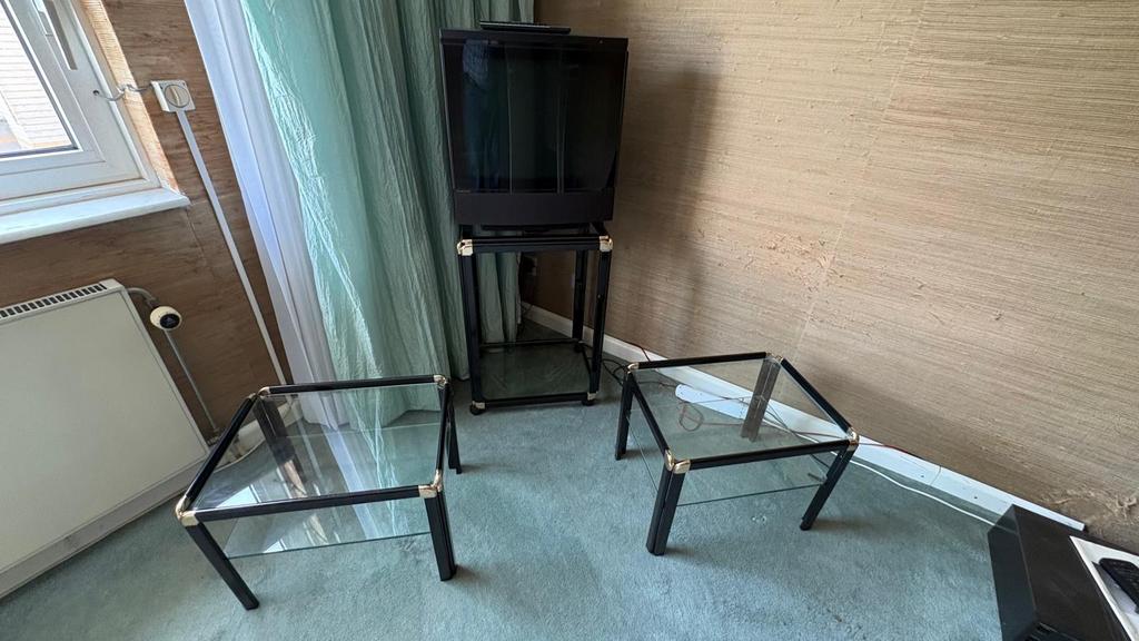 Pierre Vandel lage tafels, Huis en Inrichting, Tafels | Salontafels, Ophalen, Gebruikt, Vierkant, Glas