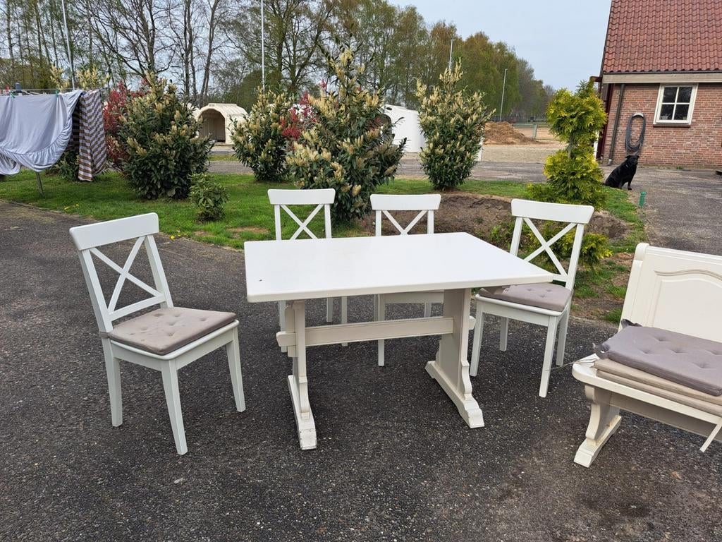Ouderwetse boeren hoekbank met tafel en stoelen, Ophalen of Verzenden, Gebruikt, Hardhout