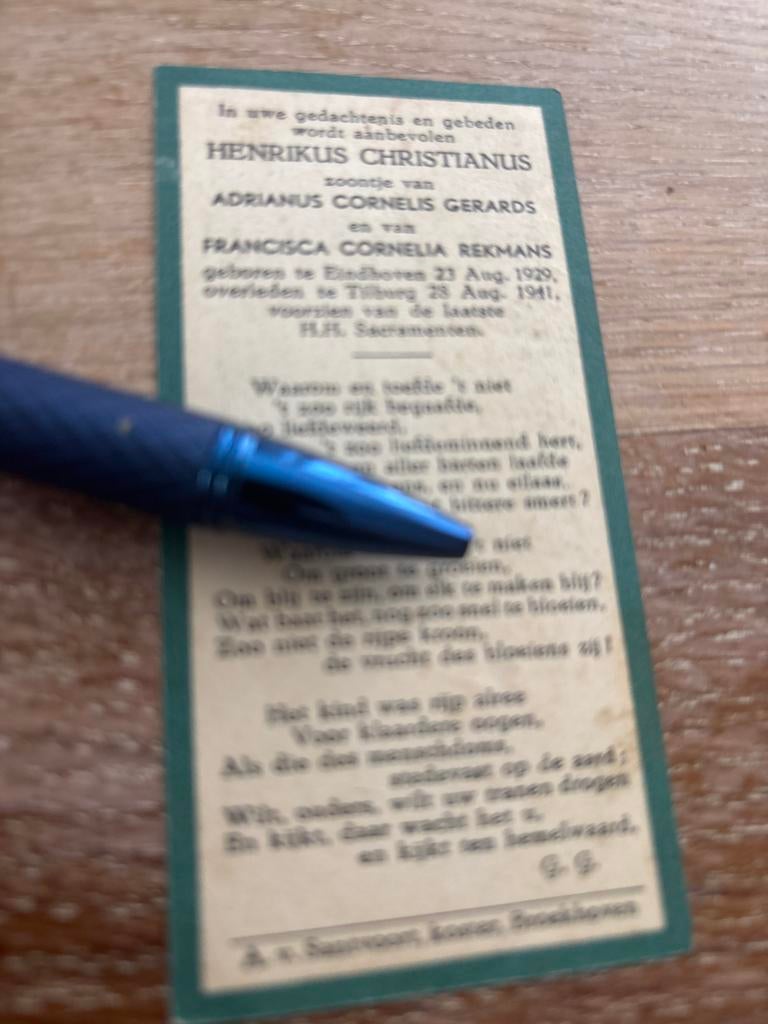 Gerards Henrikus 1929 Eindhoven 1941 Tilburg zv  Rekmans, Verzamelen, Bidprentjes en Rouwkaarten, Ophalen of Verzenden, Bidprentje