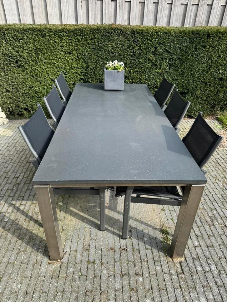 Belgisch hardstenen tuintafel met RVS onderstel + 6 stoelen, Tuin en Terras, Tuintafels, Gebruikt, Rechthoekig, Rvs, Ophalen