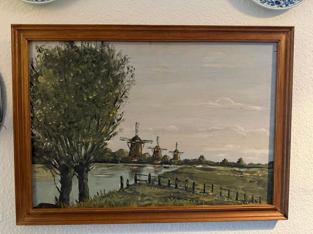 Vintage Schilderij Hollandse Molens aan het Water, Ophalen