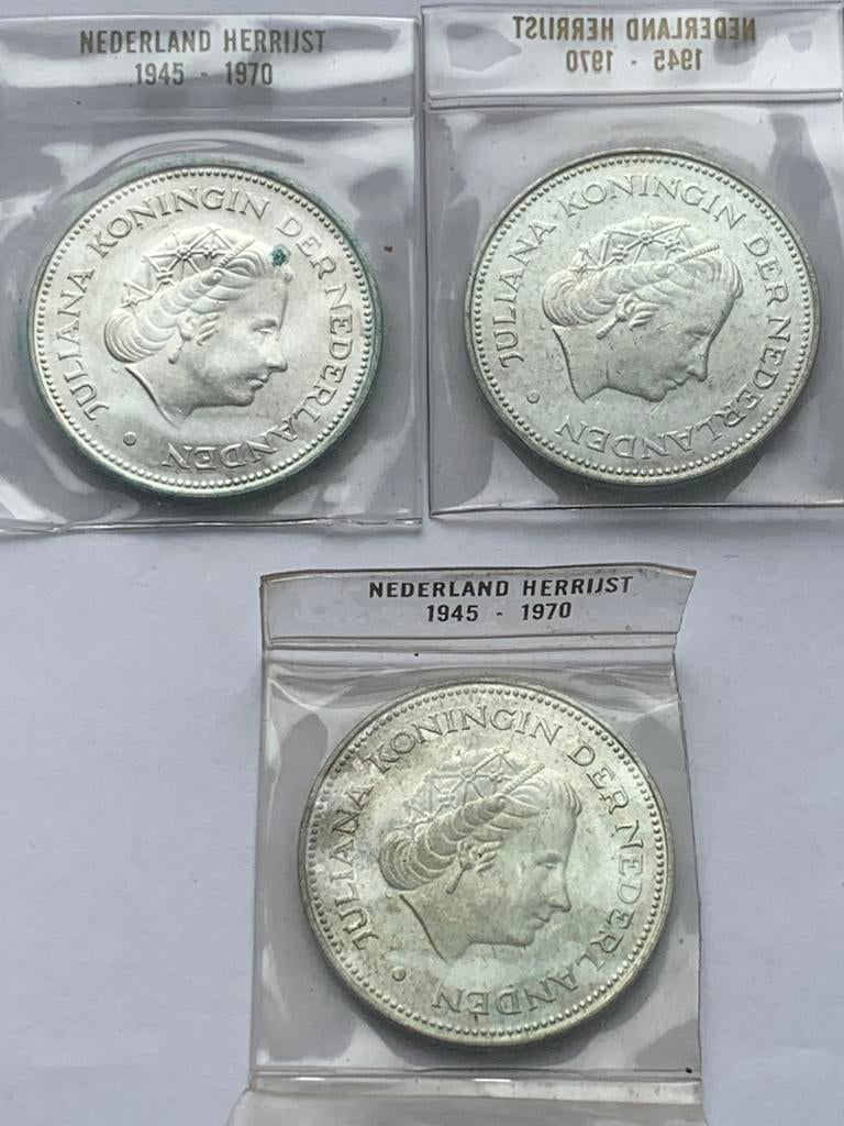 3 zilveren tientjes nederland herrijst 1945-1970 in slab, Ophalen of Verzenden, Koningin Juliana, 10 gulden