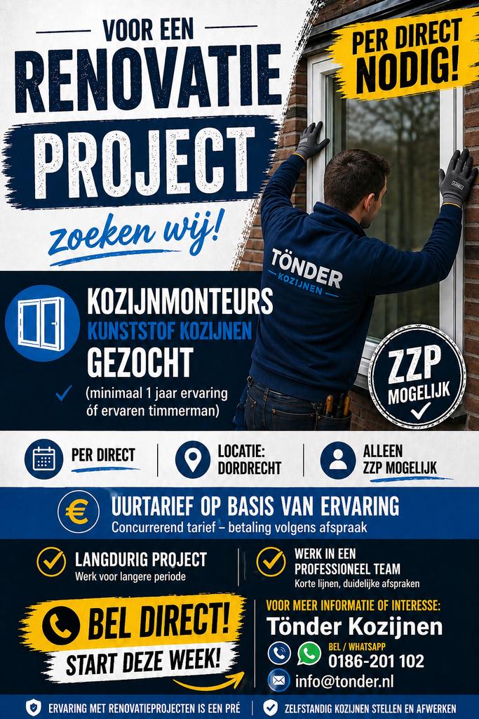 Kozijnmonteurs gezocht (dienstverband/zzp), Vacatures, Vacatures | Bouwnijverheid, LBO / VMBO, Vanaf 3 jaar, Tijdelijk contract