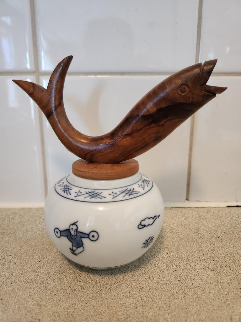 Oosterse pot met houten vis deksel, Antiek en Kunst, Ophalen of Verzenden